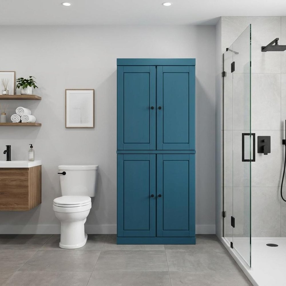 32" Teal Blue Solid Wood Free Standing Four Door Linen Cabinet