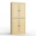 32" Yellow Solid Wood Free Standing Four Door Linen Cabinet. Bathroom storage isolated on a plain white background, showing a yellow wood surface.
