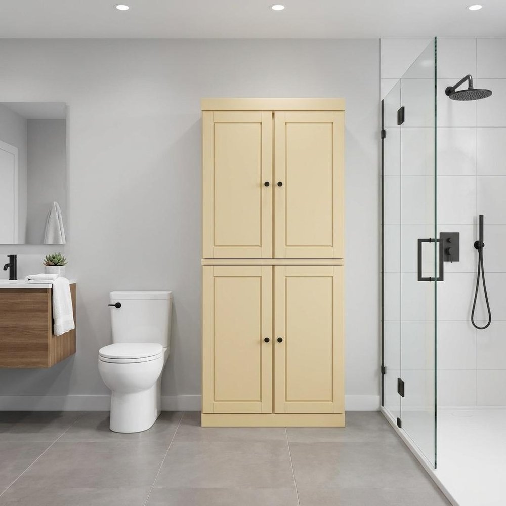 32" Yellow Solid Wood Free Standing Four Door Linen Cabinet