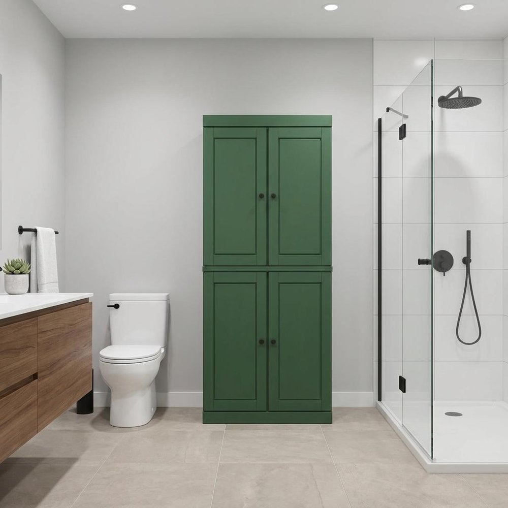32" Green Solid Wood Free Standing Four Door Linen Cabinet
