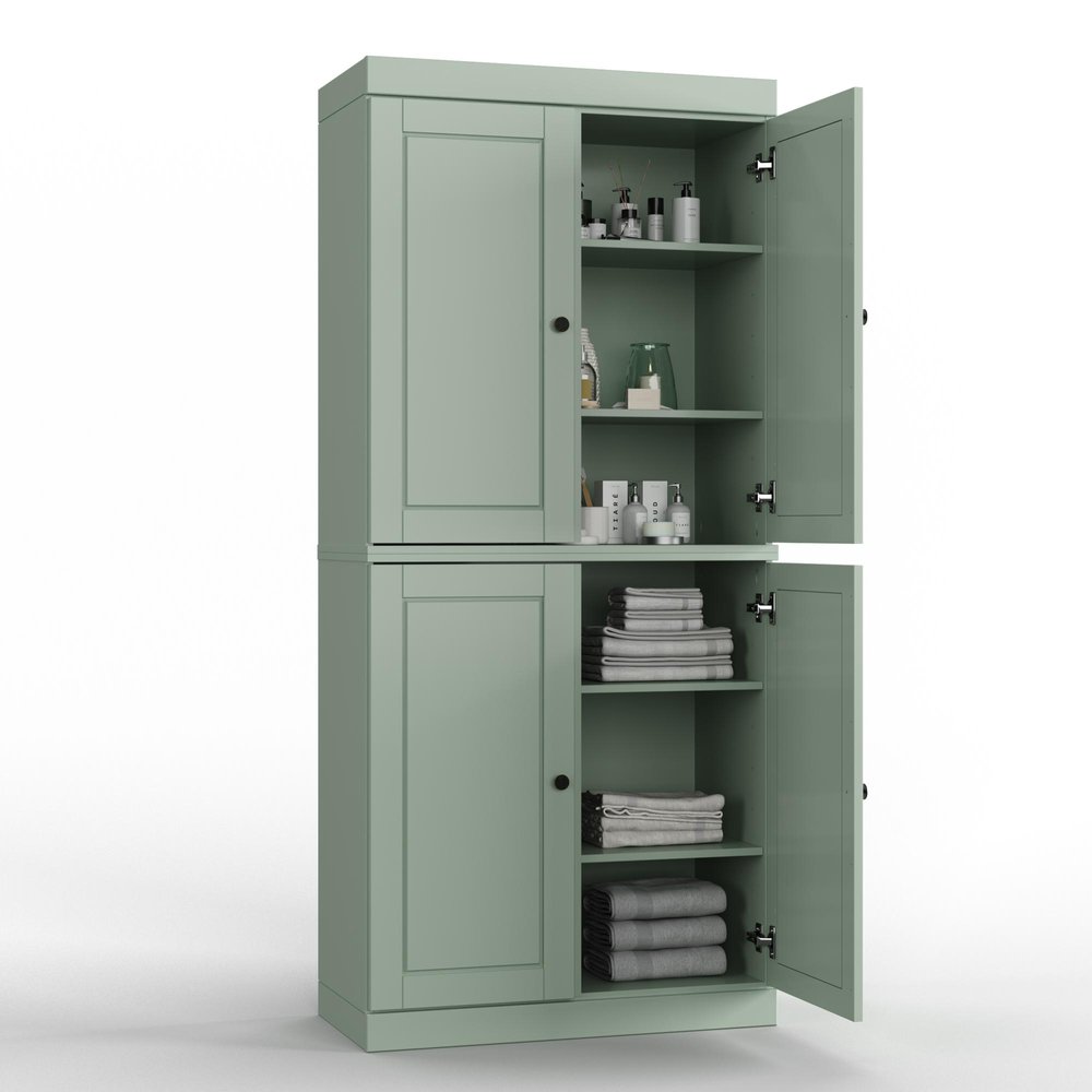 32" Sage Solid Wood Free Standing Four Door Linen Cabinet
