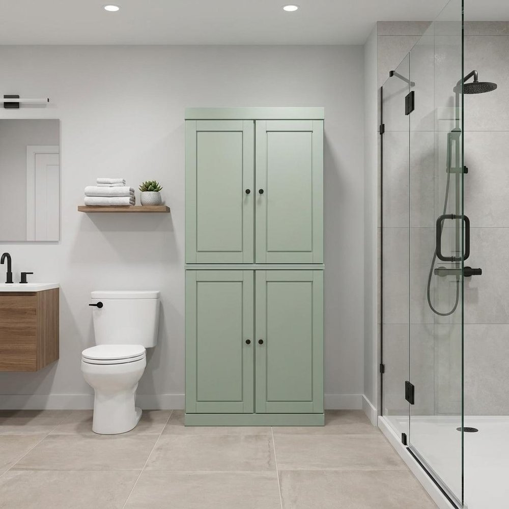 32" Sage Solid Wood Free Standing Four Door Linen Cabinet
