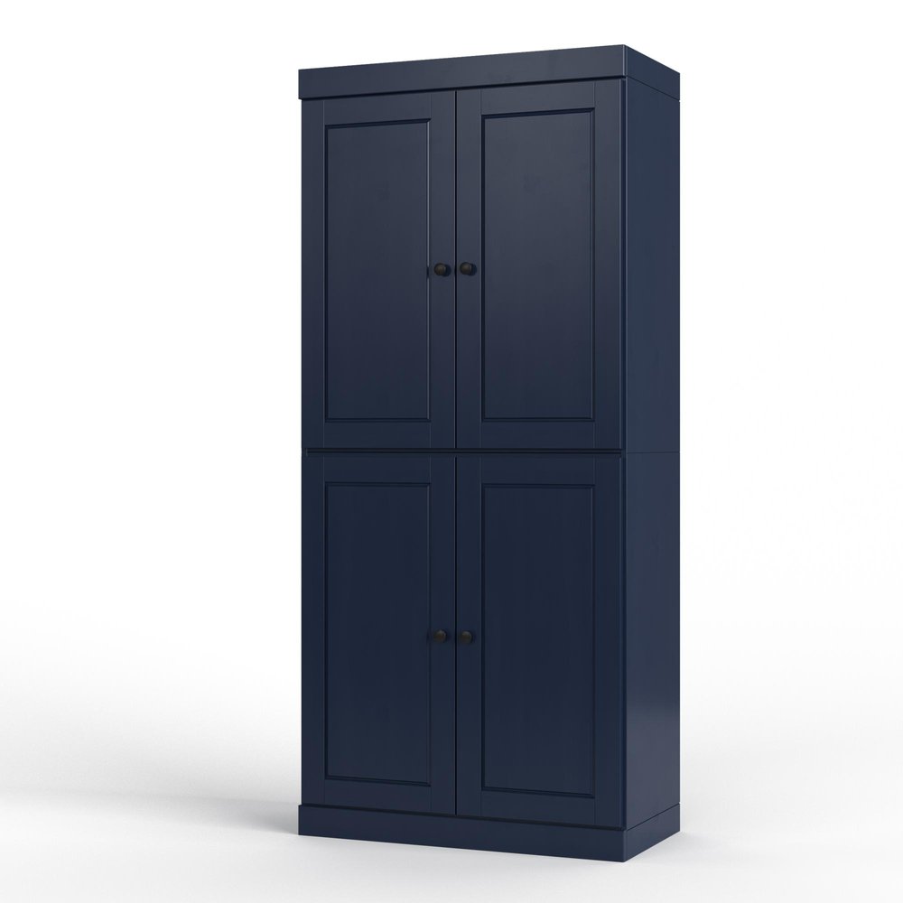 32" Navy Blue Solid Wood Free Standing Four Door Linen Cabinet
