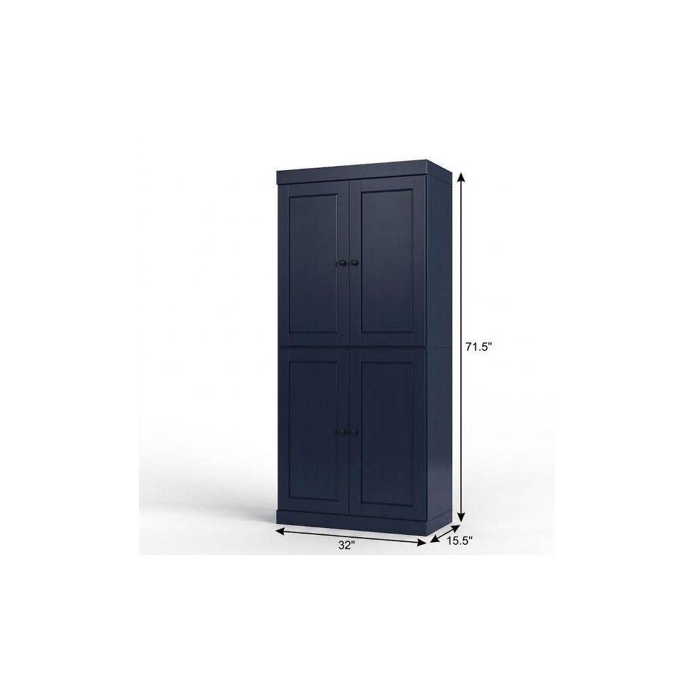 32" Navy Blue Solid Wood Free Standing Four Door Linen Cabinet
