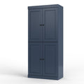 32" French Blue Solid Wood Free Standing Four Door Linen Cabinet. Bathroom storage isolated on a plain white background, in a blue wood finish.