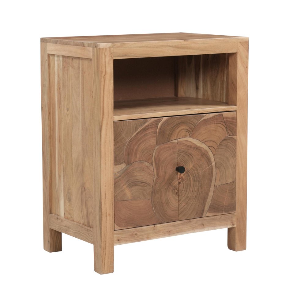 Brown solid wood filing cabinet with a drawer featuring a mosaic of wood slices and an open shelf, on a white background.