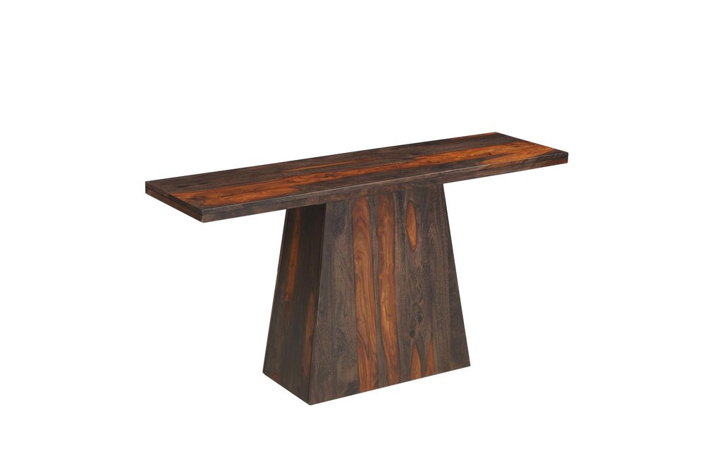57" Mahogany and Dark Brown Solid Wood Pedestal Console Table. Console table isolated on a plain white background, finished in dark brown wood.