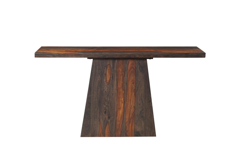 57" Mahogany and Dark Brown Solid Wood Pedestal Console Table. Console table isolated on a plain white background, showing a dark brown wood surface.