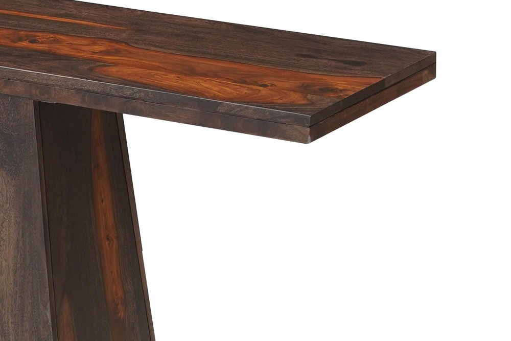 57" Mahogany and Dark Brown Solid Wood Pedestal Console Table. Console table isolated on a plain white background, in a dark brown wood finish.