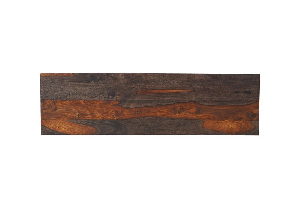 57" Mahogany and Dark Brown Solid Wood Pedestal Console Table. Console table isolated on a plain white background, showing a dark brown wood surface.