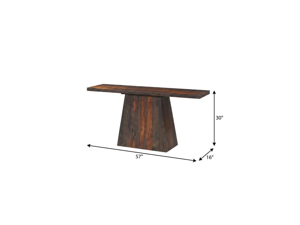 57" Mahogany and Dark Brown Solid Wood Pedestal Console Table. Console table isolated on a plain white background, in a dark brown wood finish.