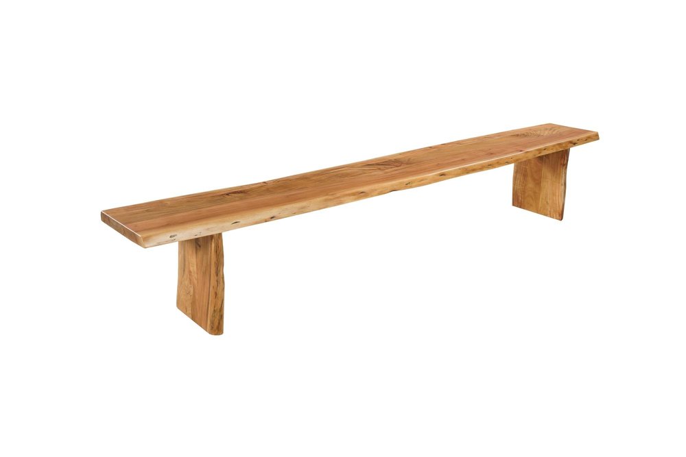 Brown solid wood live edge dining bench with natural wood grain on a white background.