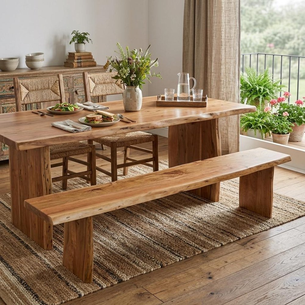84" Brown Solid Wood Live Edge Dining Bench in a home interior