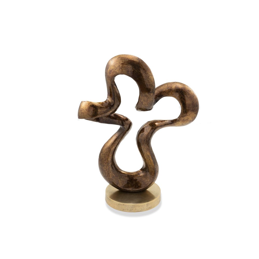 16" Bronze And Gold Aluminum Hand Painted Modern Abstract Sculpture. Sculpture isolated on a plain white background, showing a gold metal surface.