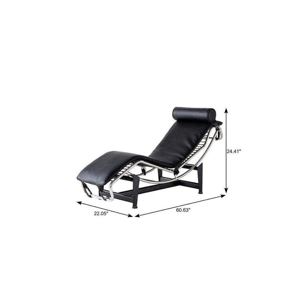 61" Black And Silver Leather and Metal Adjustable Lounge Chair With Pillow. Accent chair isolated on a plain white background, finished in silver leather.