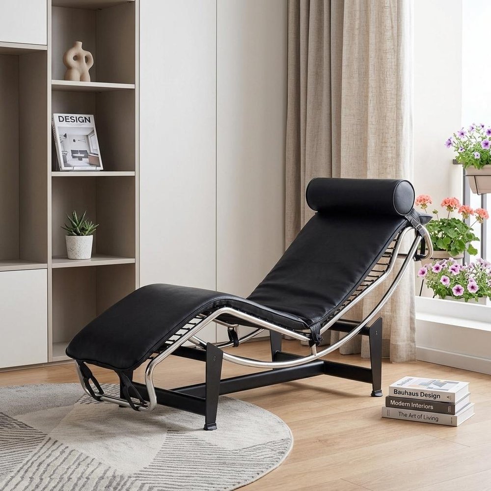 61" Black And Silver Leather and Metal Adjustable Lounge Chair With Pillow. Accent chair in black leather.