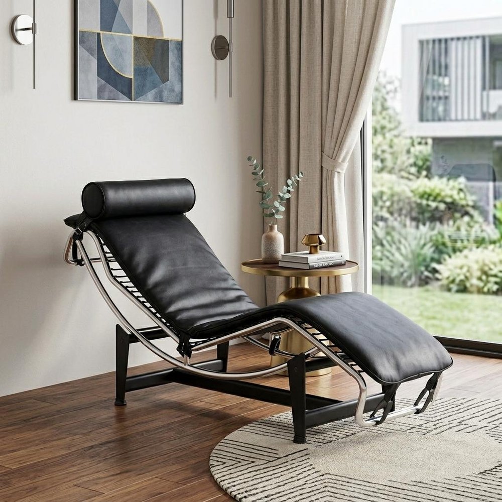 61" Black And Silver Leather and Metal Adjustable Lounge Chair With Pillow styled in a furnished interior on a dark wood floor against an off-white wall.