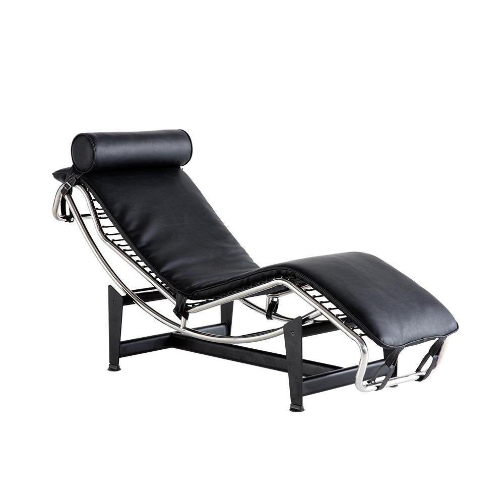 61" Black And Silver Leather and Metal Adjustable Lounge Chair With Pillow. Accent chair isolated on a plain white background, showing a silver leather surface.
