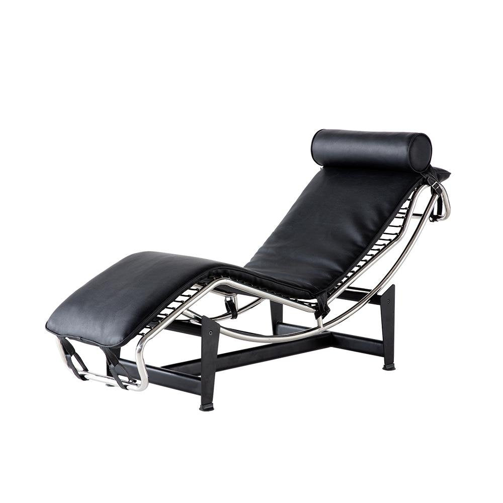 61" Black And Silver Leather and Metal Adjustable Lounge Chair With Pillow. Accent chair isolated on a plain white background, finished in silver leather.