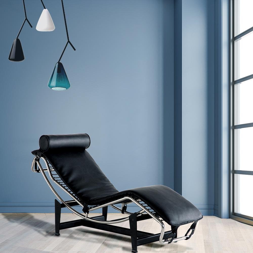 61" Black And Silver Leather and Metal Adjustable Lounge Chair With Pillow