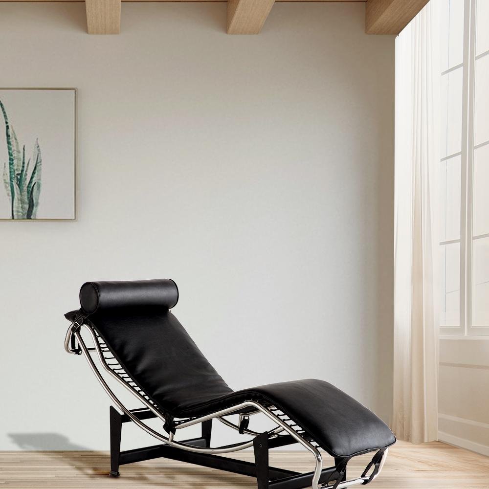 61" Black And Silver Leather and Metal Adjustable Lounge Chair With Pillow