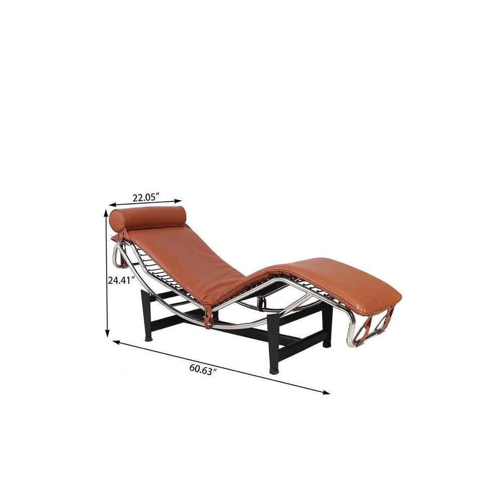 61" Brown Black And Silver Leather and Metal Adjustable Lounge Chair With Pillow