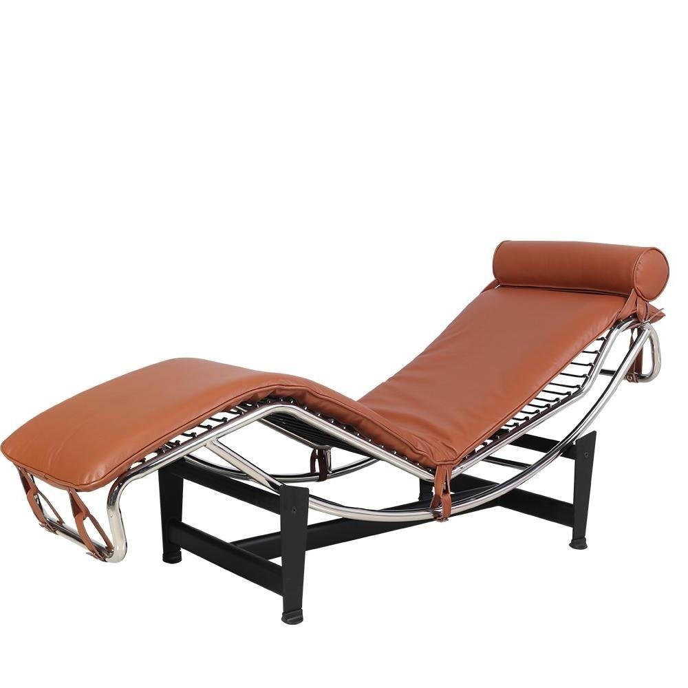 61" Brown Black And Silver Leather and Metal Adjustable Lounge Chair With Pillow. Accent chair isolated on a plain white background, in a black leather finish.