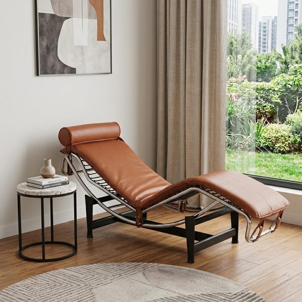 61" Brown Black And Silver Leather and Metal Adjustable Lounge Chair With Pillow shown outdoors on an outdoor setting with greenery.