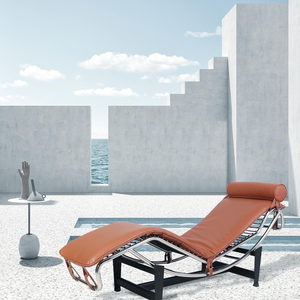 61" Brown Black And Silver Leather and Metal Adjustable Lounge Chair With Pillow. Accent chair isolated on a plain white background, showing a silver leather surface.