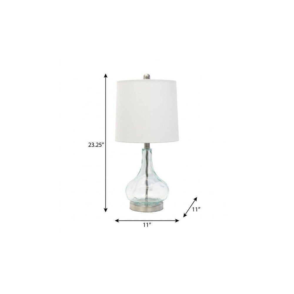 23" Teal Blue Translucent Glass Gourd Table Lamp With Drum Shade. Table lamp isolated on a plain white background, showing a glass surface.