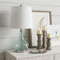 23" Teal Blue Translucent Glass Gourd Table Lamp With Drum Shade.