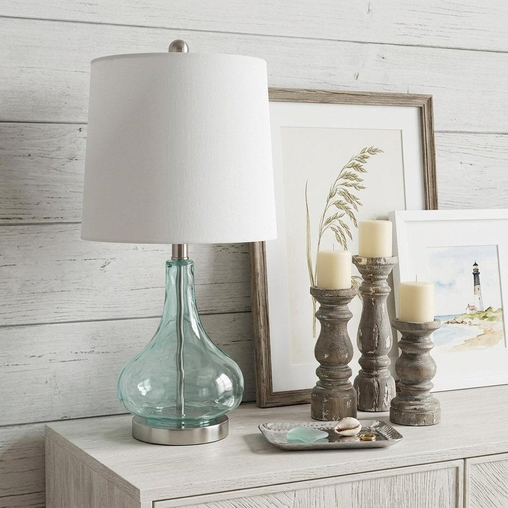 23" Teal Blue Translucent Glass Gourd Table Lamp With Drum Shade.