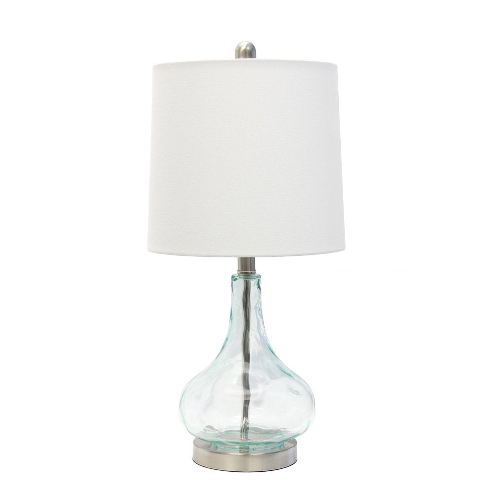 23" Teal Blue Translucent Glass Gourd Table Lamp With Drum Shade. Table lamp isolated on a plain white background, showing a teal glass surface.