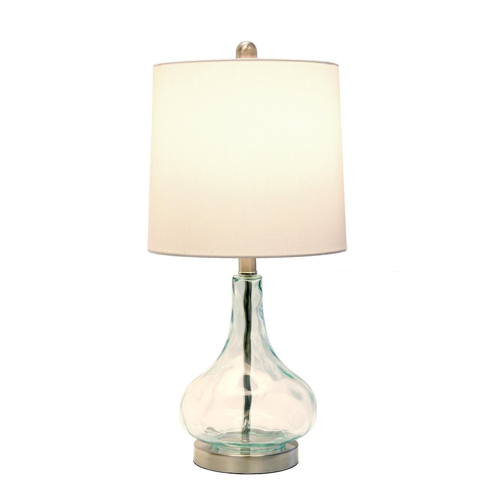 23" Teal Blue Translucent Glass Gourd Table Lamp With Drum Shade. Table lamp isolated on a plain white background, showing a glass surface.