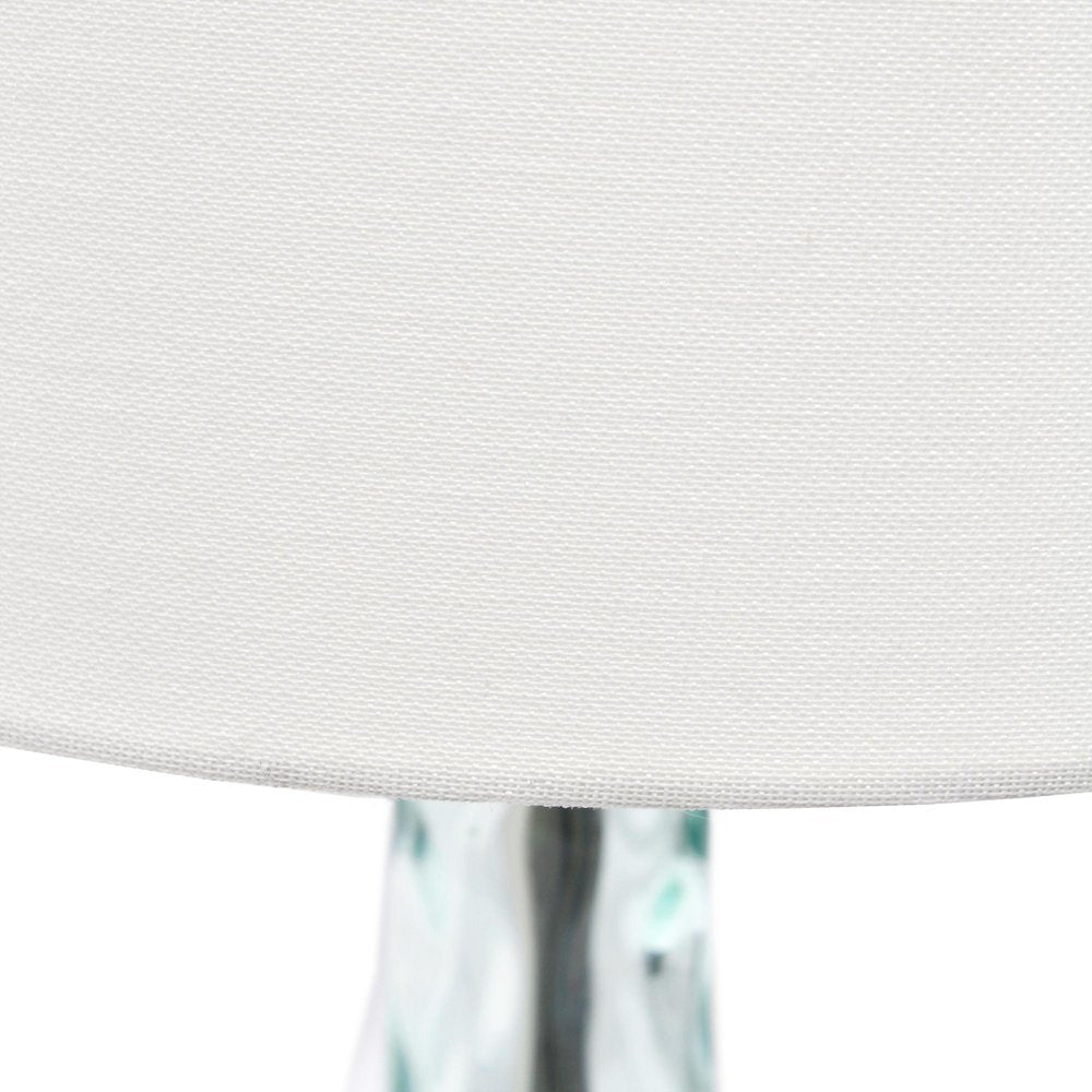 23" Teal Blue Translucent Glass Gourd Table Lamp With Drum Shade. Table lamp isolated on a plain white background, showing a glass surface.
