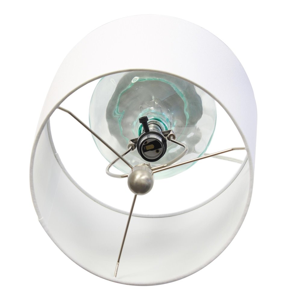 23" Teal Blue Translucent Glass Gourd Table Lamp With Drum Shade. Table lamp isolated on a plain white background, showing a glass surface.