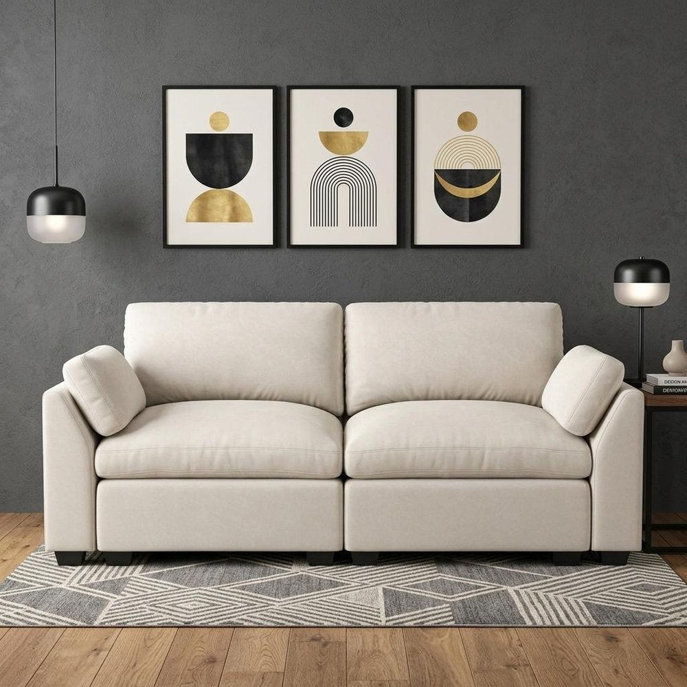 75" Navy Blue and Black Velvet Modular Loveseat in a home interior