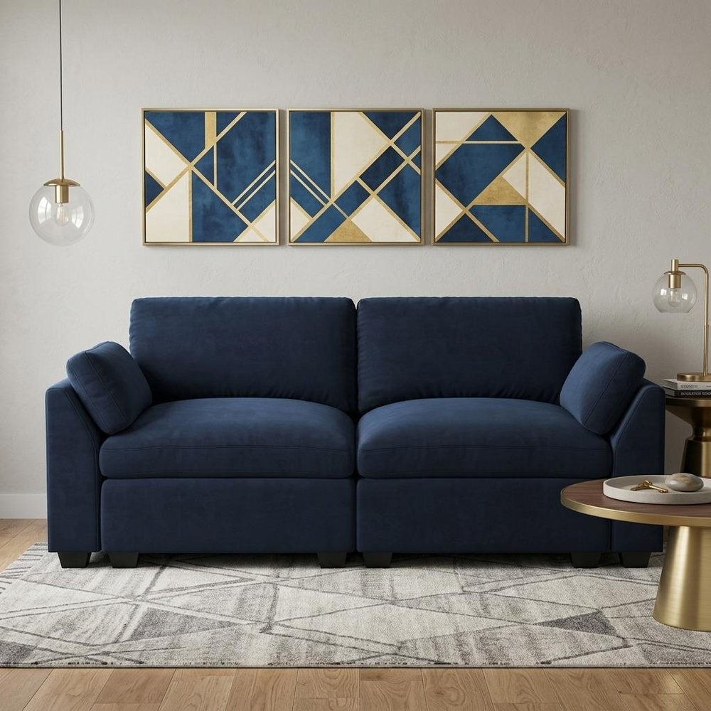 75" Beige and Black Velvet Modular Loveseat