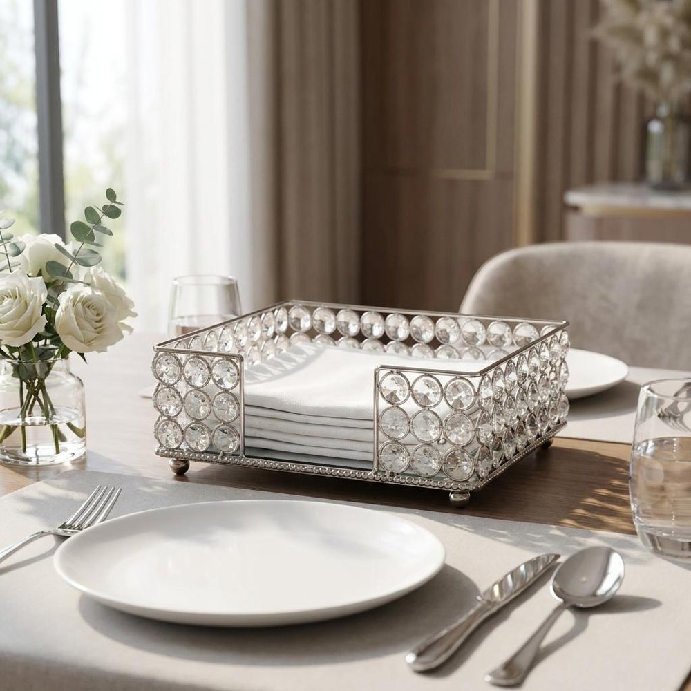 8" Silver Iron And Crystal Square Napkin Holder