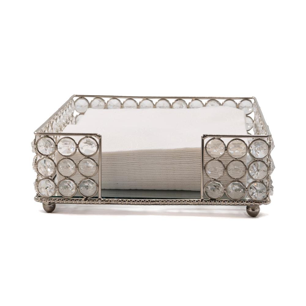 8" Silver Iron And Crystal Square Napkin Holder on a white background