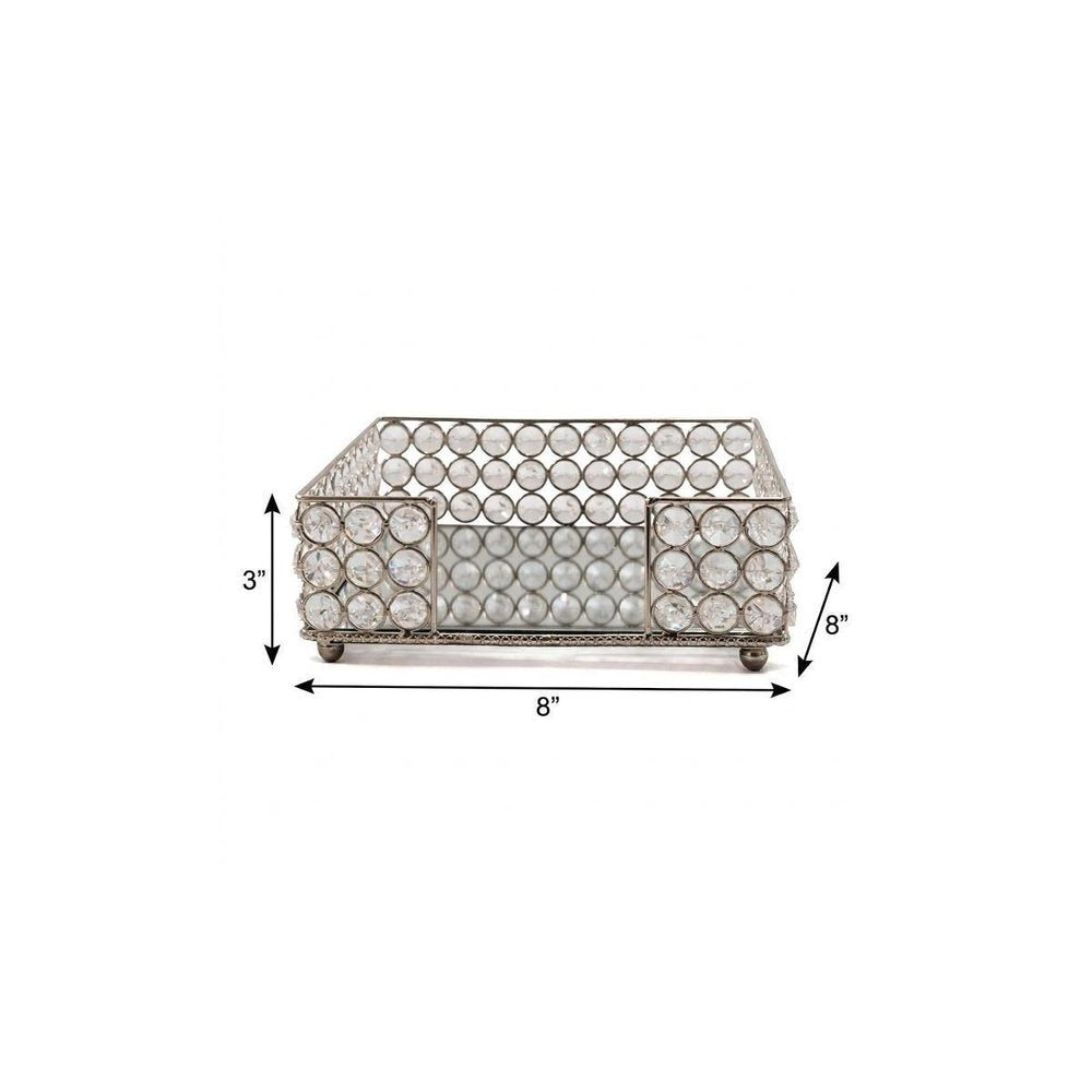 8" Silver Iron And Crystal Square Napkin Holder