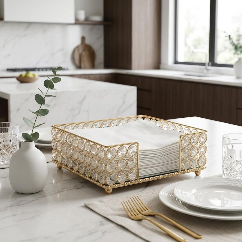 8" Silver Iron And Crystal Square Napkin Holder