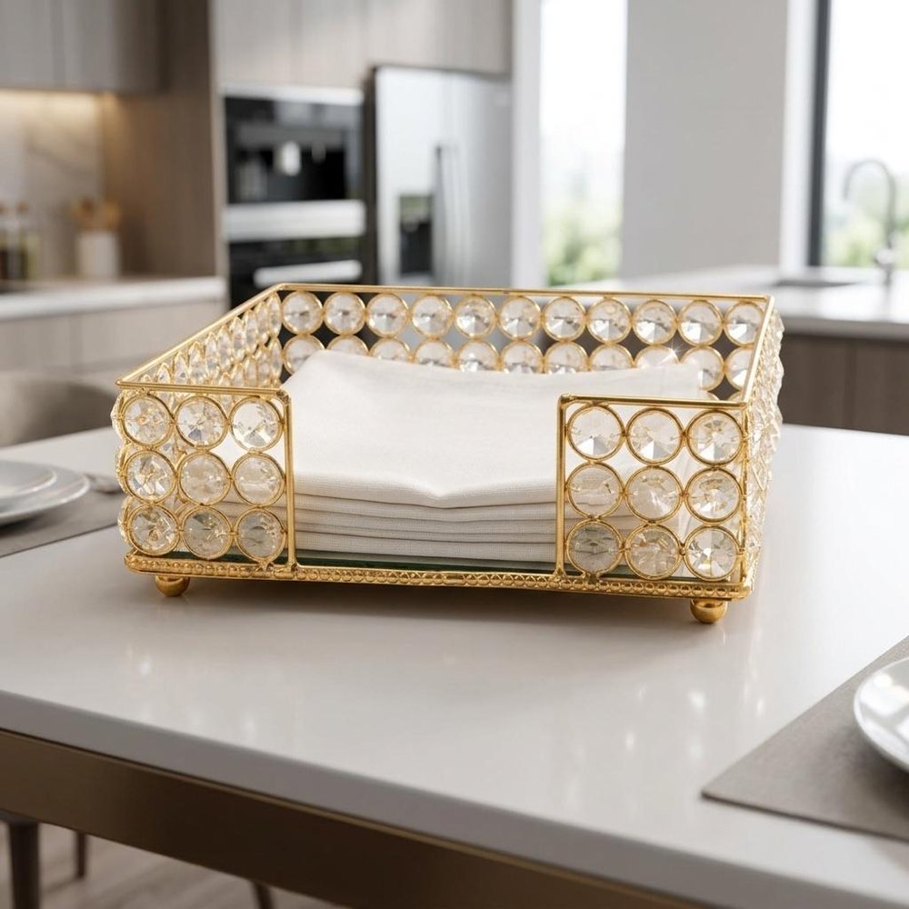 8" Silver Iron And Crystal Square Napkin Holder