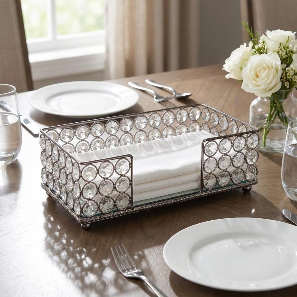 10" Silver Iron And Crystal Rectangular Napkin Holder