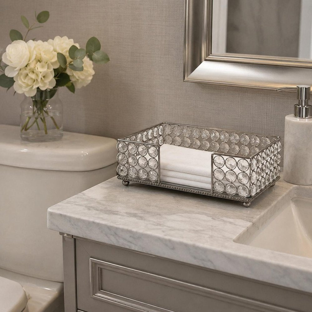 10" Silver Iron And Crystal Rectangular Napkin Holder