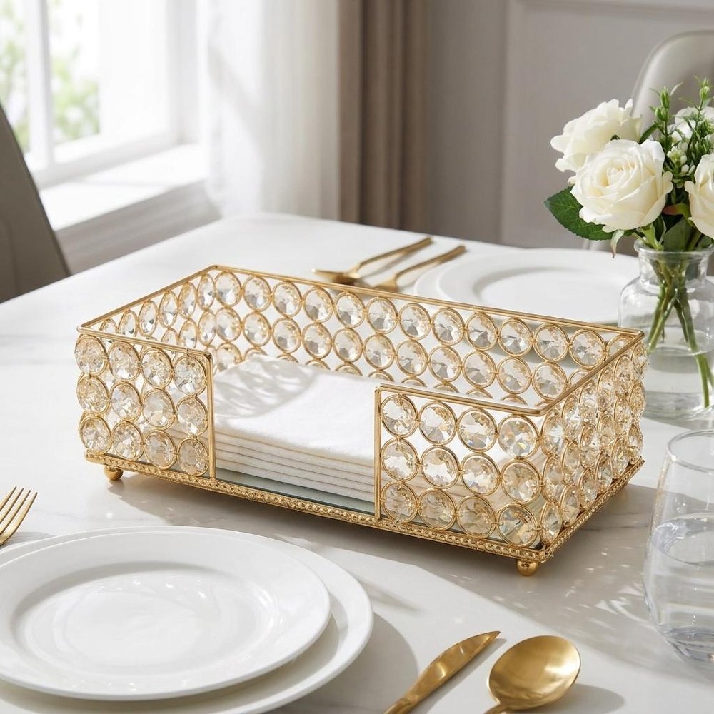 10" Silver Iron And Crystal Rectangular Napkin Holder