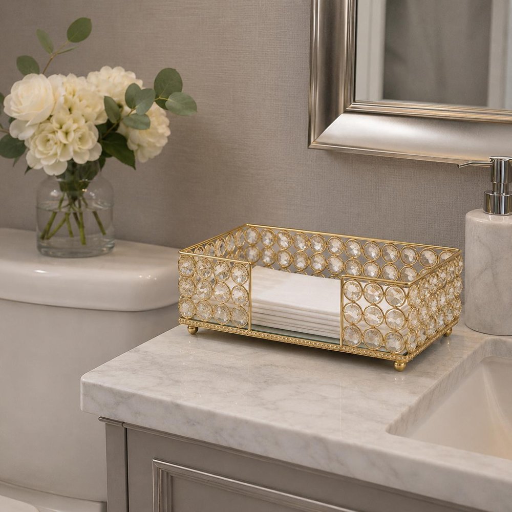 10" Silver Iron And Crystal Rectangular Napkin Holder