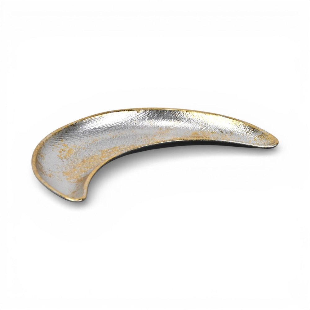 8" Silver And Gold Metal Handmade Crescent Trinket Tray