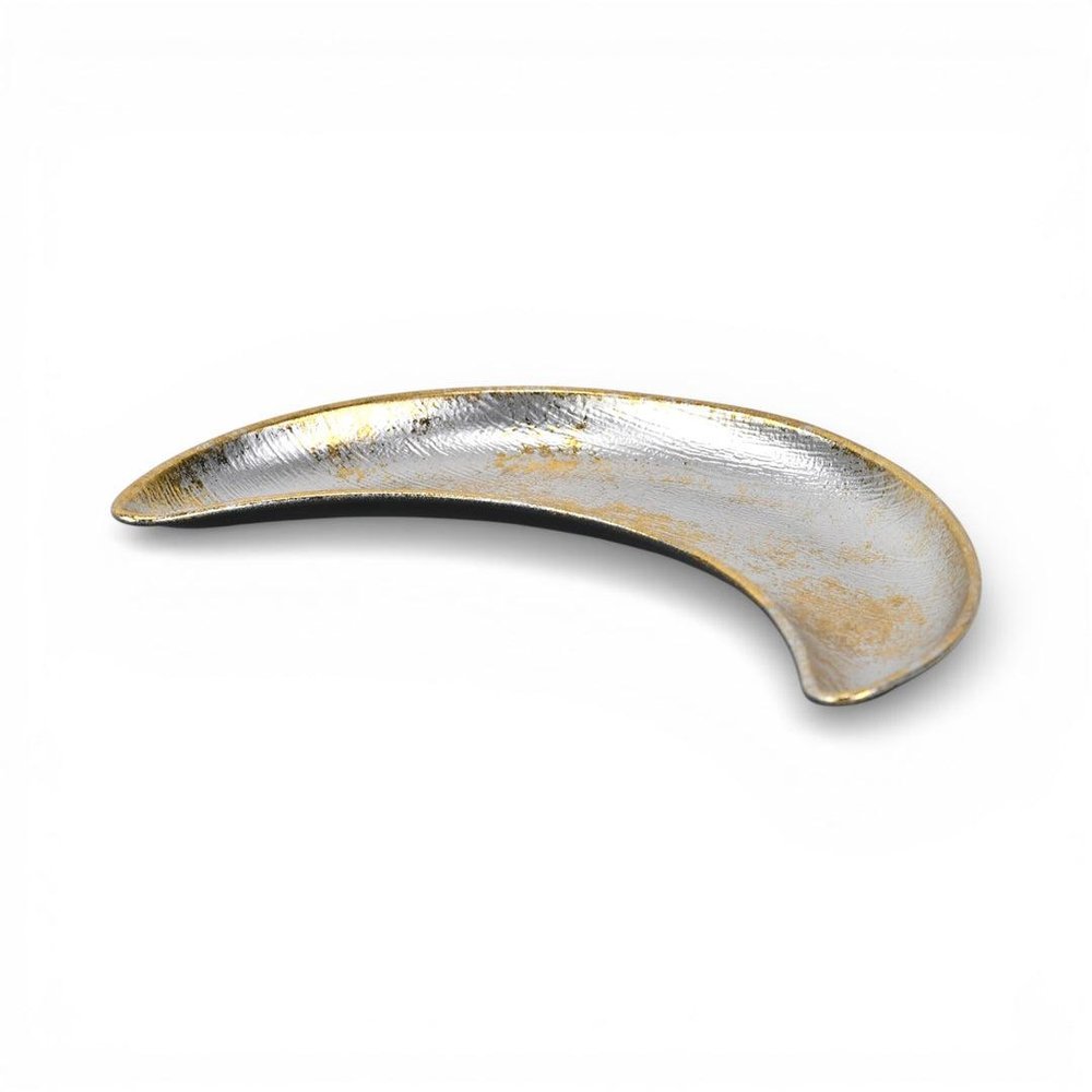 8" Silver And Gold Metal Handmade Crescent Trinket Tray