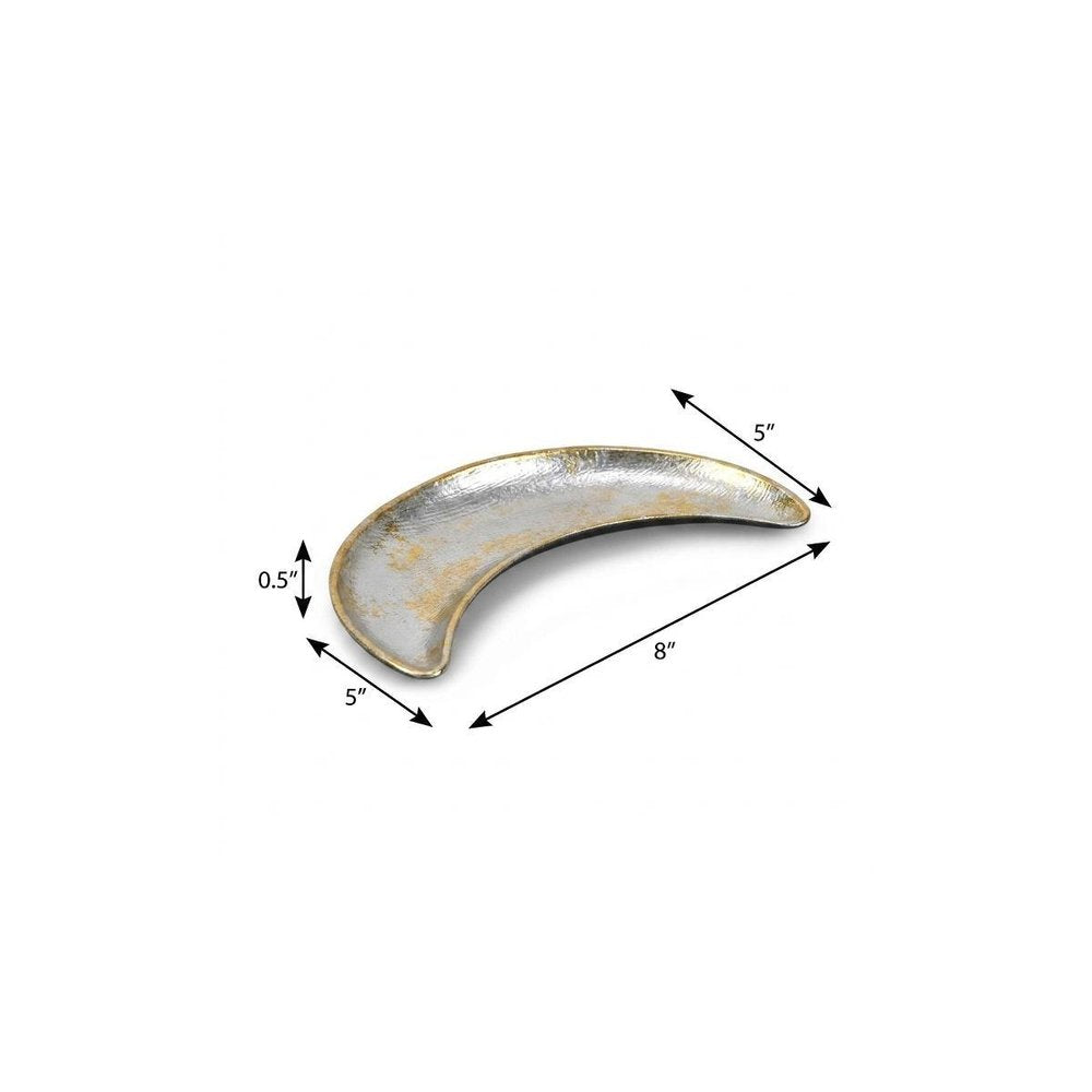 8" Silver And Gold Metal Handmade Crescent Trinket Tray on a white background